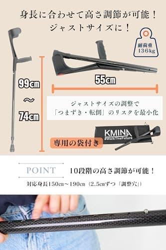 KMINA Foldable Forearm Crutches of Carbon Fiber (x2 Units), Open Cuff, Lightweight, Folding Crutches, Made in Europe, PRO Model 5