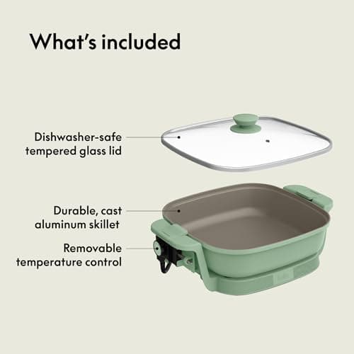 bella Make & Take Electric Skillet, Fits-anywhere™ kitchenware, EverGood™ Ceramic Coating, Adjustable Temperature & Dishwasher-Safe Tempered Glass Lid, Cast Aluminum Base, 1200 Watt, Seaglass 6