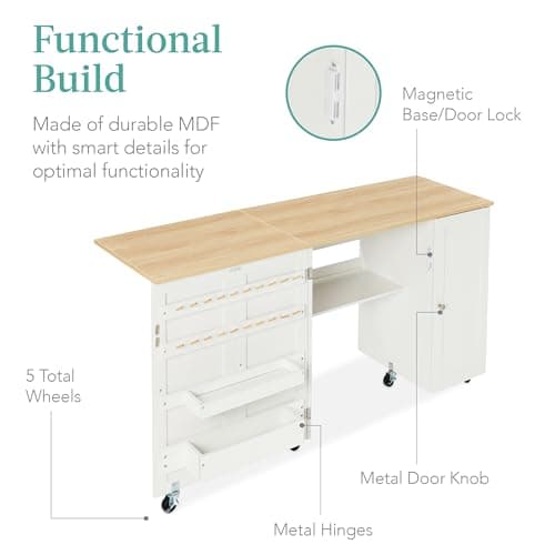 Best Choice Products Large Folding Sewing Table, Multipurpose Portable Craft Station & Side Desk w/Compact Design, Caster Wheels, Storage Shelves, 2 Storage Trays, Magnetic Doors - Natural/White 7