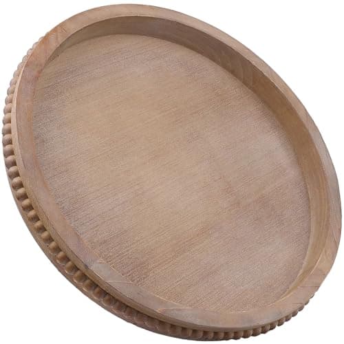Hrastany Wood Decorative Serving Tray with Bead, Round Vintage Wooden Ottoman Tray for Home Centerpiece, Counter Organizer, 13” Circle Tray for Kitchen, Living Room (Rustic Brown)