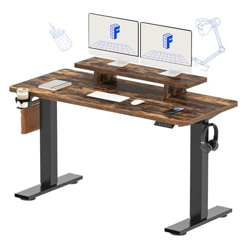 FLEXISPOT Standing Desk with Monitor Stand, 55 x 24 Inches One-Piece Electric Height Adjustable Computer Desk with Cup Holder for Home Office, Rustic