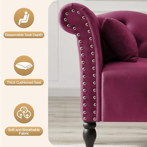 HomJoones Tufted Upholstered Velvet Rolled Arm Chaise Lounges Indoor Chair, Right Arm Facing Chaise Lounge with Nailhead Trim and 1 Pillow,for Living Room Bedroom Office (Burgundy) 5
