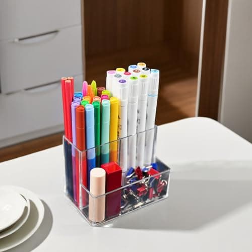 HSYMQ Desktop Clear Pen Holder with 3 Compartments, Acrylic Pencil Holders, Desk Organizers and Accessories 7