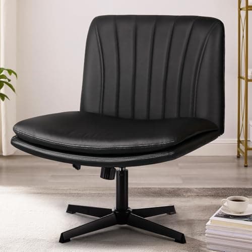 PUKAMI Criss Cross Legged Office Chair,Armless Office Desk Chair No Wheels,PU Leather Modern Swivel Vanity,Height Adjustable Wide Seat Mid Back Computer Task Chair for Home Office