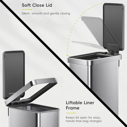 EKO Hudson Slim 50L / 13.2 Gallon Kitchen Trash Can with Lid, Stainless Steel Step Garbage Can for Kitchen or Home, Space-Saving Garbage Can with Soft Close Lid, Stay-Open, Liner Ring, Handle 5