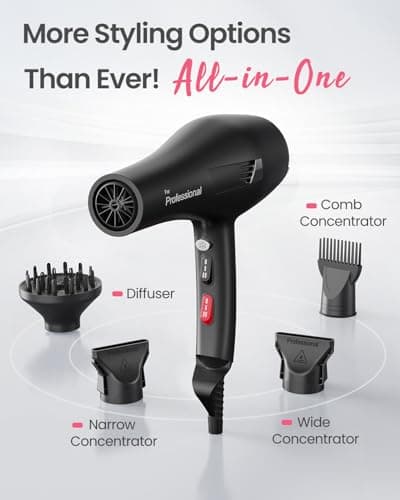 Dekuri Professional Ionic Hair Dryer AC Motor Fast Drying Salon Blow Dryer with Diffuser, Comb, Nozzle, Concentrator, for Curly and Straight Hair, 2 Speed & 3 Heat Setting, Cool Button(Black) 7