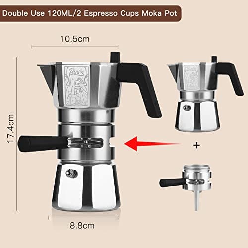 Bincoo 120ML/2 Cup Stovetop Espresso Maker Double Valve Moka Pot with Thermostat Extractor,Italian Espresso Moka Pot with Powder Dispenser and Filter Paper for Home,Silver 4