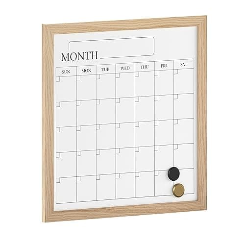 Martha Stewart Everette Magnetic Monthly Calendar Dry Erase Board with Included Dry Erase Marker and 2 Magnets, 18" x 18", Light Natural Woodgrain Frame