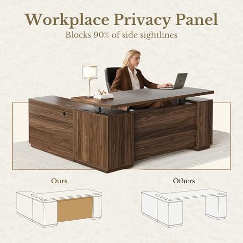 Perledesign Standing Desk with File Cabinet, 70 Inch L Shaped Electric Height Adjustable Executive Desk with AC/USB and Privacy Panel, Computer Corner Table for Home Office, Black Walnut 5