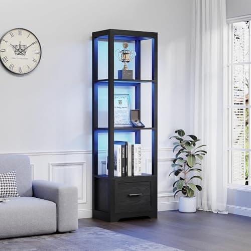 BROTTAR Display Shelf with 3 Color Light, Bookshelf with Drawer, Dimmable Display Cabinet for Collectibles, Bookcase, Display Case for Books, Trophies, Toys, Black