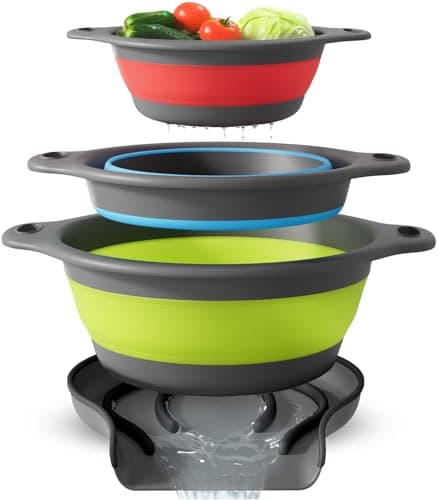 Gevoli Collapsible Colanders with Self-Draining Base for Edge of Sink, Food Strainers (Small/Med/Large), Nested Design for Easy Storage (Red, Blue, Green) (4PC Set) 2