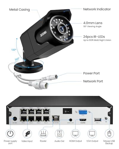 ZOSI 4K 8CH PoE Security Camera System (16CH Expandable), H.265+ 8CH NVR with 2TB HDD for 24/7 Record, 4 x 8MP PoE IP Cameras Outdoor Indoor, Human Detection, One-Way Audio, 100ft IR Night Vision 7