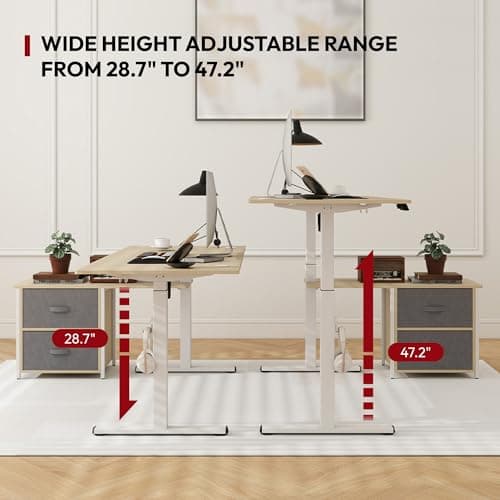SANODESK 63'' L Shaped Standing Desk with 2-Drawer File Cabinet, Electric Height Adjustable Stand up Desk w/USB Charge Ports, Home Office Modern Wood Computer Desk with Shelves,White Frame/Maple Top 6