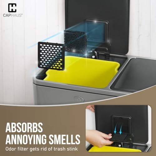 CAPHAUS Black Dual Trash Can w/Double Lid, Trash & Recycle Bins Combo, Hands-Free Stainless-Steel Garbage Can for Kitchen, with 2 Compartment, Hinged Lid, Odor Filters, Handles, 25L+25L, 2 x 6.6 Gal 7