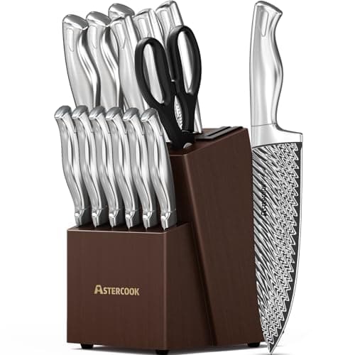 Knife Set, Astercook 15 Pieces Kitchen Knife Set with Built-in Sharpener, German Stainless Steel Knife Block Set, Razor-Sharp Knives with Full-tang Handle, Dishwasher Safe, Valentine's Gift