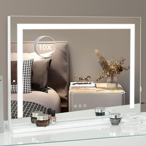 iCREAT Vanity Mirror with Light, Wall Mounted Hollywood Makeup Mirror with Dimmer, Tabletop Mirrors for Makeup, Touchscreen Control Mirror with USB Outlet, White