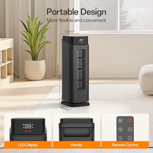 BREEZOME Space Heater Indoor, 1500W PTC Portable Electric Heaters for Home with Thermostat & 90° Oscillating, 24H Timer, Quiet Safety Ceramic Tower Heater with Remote for Bedroom Office 8