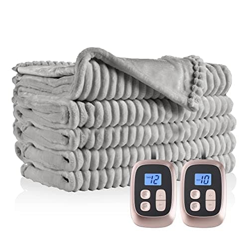 DUODUO Electric Heated Blanket Queen Size 84"x90" with Dual Controls, Reversible Cozy Silky Flannel Fabric with Ribs, Fast Heating with 10 Heating Levels 12 Hours Auto-Off for Bedding -Grey