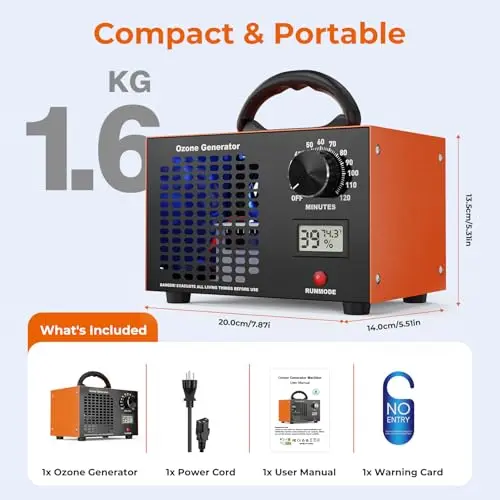 Ozone Generator 160,000mg/H with Temp/Humidity Display - 120 Min Timer O3 Ionizer Air Purifier for Large Spaces (5000 Sq.Ft) - Upgraded Ozone Machine for Cars, Homes, Hotels, Kitchens & Pet Areas 7