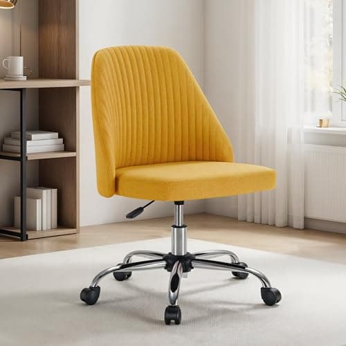 Simple Deluxe Armless Office Desk Chair, Modern Cute Swivel Vanity Chair Comfy Home Office Chairs with Wheels Height Adjustable Rolling Computer Task Stools for Living Room, Make-up, Bedroom, Yellow