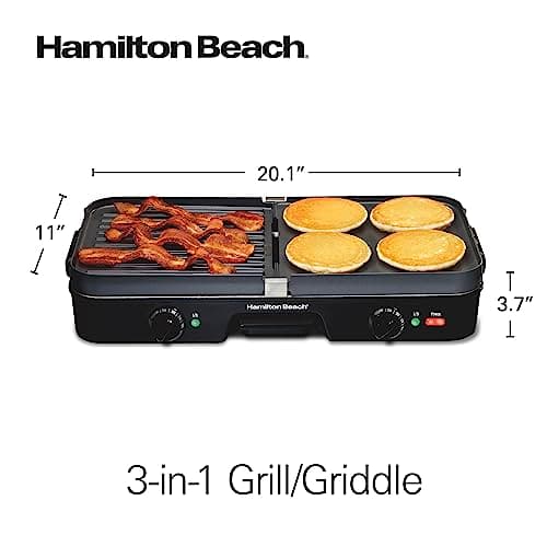 Hamilton Beach 3-in-1 Electric Indoor Grill + Griddle, 8-Serving, Reversible Nonstick Plates, 2 Cooking Zones with Adjustable Temperature (38546), Black 8