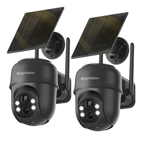 Septekon 2K Solar Security Cameras Wireless Outdoor 2 Pack, 360°PTZ Battery Powered Outdoor Camera, 2.4G WiFi Camera with Spotlight Color Night Vision, Motion Sensor Alarm, IP66, Black