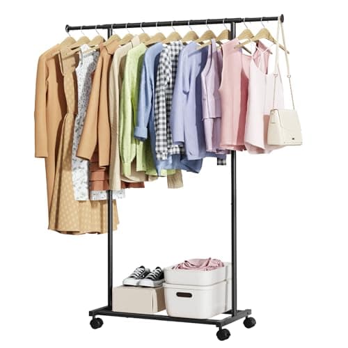 Kitsure Clothes Rack with Wheels - 30.3'' to 47.2'' L Adjustable Clothing Racks for Hanging Clothes, Rolling Garment Rack with Shelf, Sturdy Closet Rack, Clothes Hanger Rack for Pants, Black