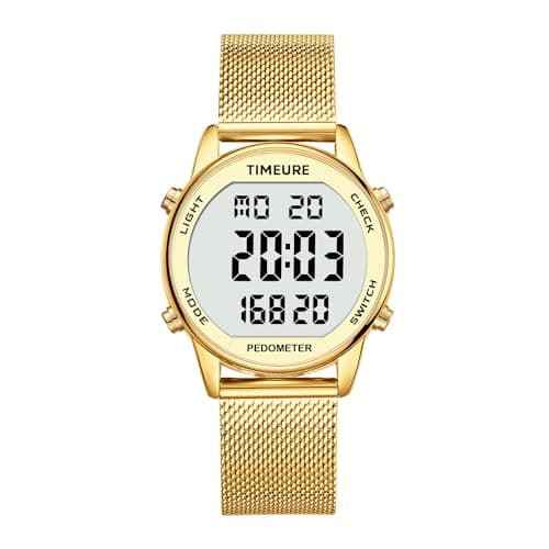 TIMEURE Women's Step Counter Watch with Stainless Steel Bracelet, Stylish Design, No App, No Charging Needed for Step, Calorie, Distance, Alarm, Countdown Timer，TU-2401(Gold)