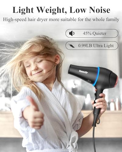 Hair Dryer with Diffuser, Professional Ionic Hair Dryer with Blue Light AC Motor, 2000W Fast Drying Hair Blow Dryer (Black with 2*Nozzle) 6