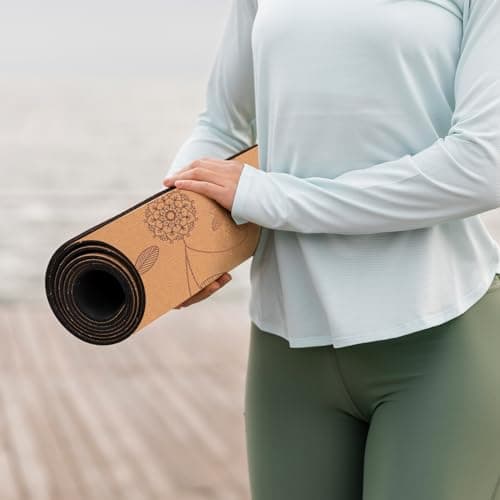 Cork Yoga Mat Sports Mat Natural Cork Environmental Protection TPE Anti Slip and Sweat-absorbing, Suitable for Yoga Pilates Meditation Indoor Fitness(72-Inch x 24-Inch x 5mm Thick) (Flower vine) 7