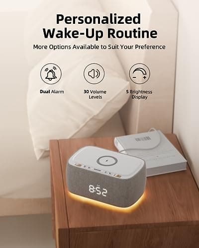EZVALO Alarm Clock with Wireless Charger,Multifunctional Digital Clock Radio with Speaker,Dimmable LED Display with 9V&2A Fast Charging Port,Night Light for Bedroom, Gray 2