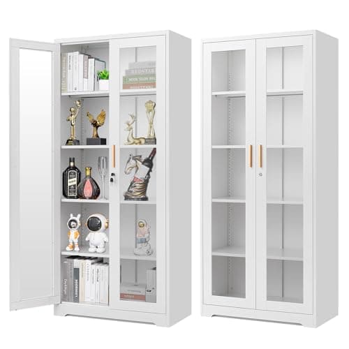 Polup Display Cabinet with Glass Doors, 71'' Tall Curio Cabinets with Lock, Metal Glass Display Case for Collectibles, Living Room, School, Commercial, White, Assemble Required
