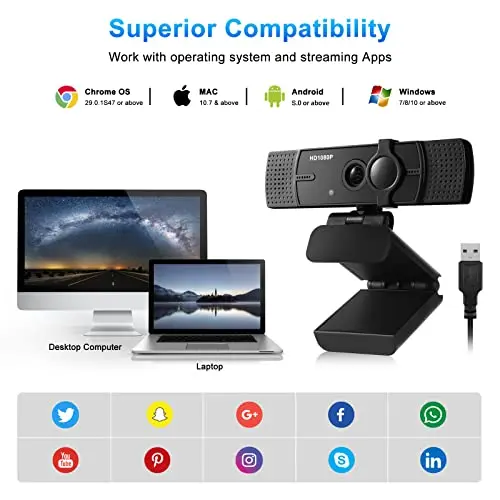 Webcam with Microphone, No Distortion Privacy Cover 1080P USB Camera Plug Play Mic Full Ultra HD Web Camera Video Cam Calling Conferencing Streaming for PC/Desktop/Computer/Mac/Laptop/MacBook 8