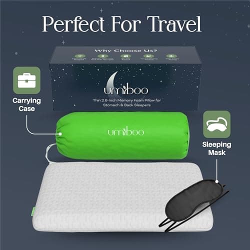 Umiboo Focus 2.6-Inch Low Profile Gel Memory Foam Pillow for Stomach or Back Sleepers with Polyester Bamboo Cover and Case for Travel and Eye Mask (White) 7
