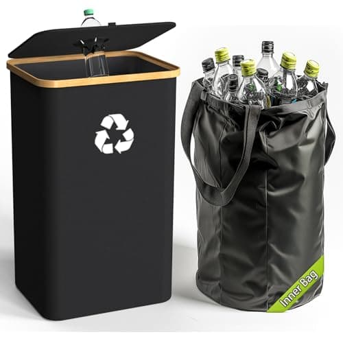 Pakusane Recycling Bin Kitchen Indoor Home 50L 13 Gallon Recycle Bin with Lid Removeable Reusable Inner Bag Bottle Can Glass Waste Plastice,Medium Black