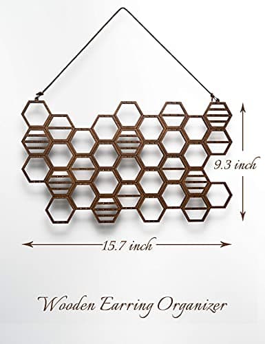 Heesch Honeycomb Earring Organizer Wall Mount Display Wood Hanging Jewelry Organizer for Stud Earrings, Necklaces (Walnut) 6