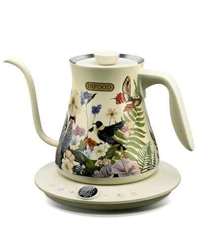 INFOOD 0.8L Gooseneck Electric Kettle, Precise Temperature Control for Pour Over Coffee & Tea, 1200W Fast Boiling Water, Auto Shut Off, Scheduling, Stainless Steel, Floral Painted Design