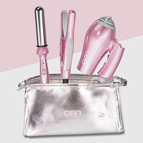 DAN Technology Hair Styling Set, Including Travel Hair Dryer, Mini Flat Iron, and Travel Curling Iron with European Plug, Dual Voltage, Portable Storage Bag, Pink 5