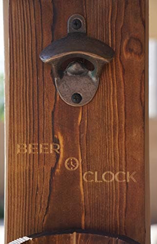 Thirsty Solutions - “Beer O’ Clock” Rustic Wall Mounted Bottle Opener and Catcher - Dark Stain Pine with Zinc Alloy Opener - Removable Wooden Bucket - Man (or Woman) Cave Ready 5