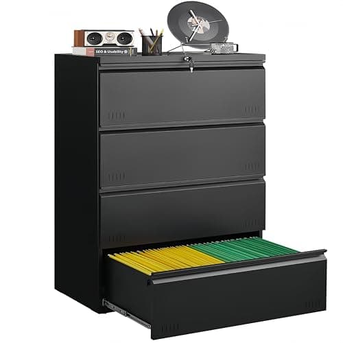 Guizeeopo Metal File Cabinet with Lock, 4 Drawer Lateral File Cabinets for Home Office, Heavy Duty Office Storage Cabinet for A4/Letter/Legal Size, Assembly Required(Black)