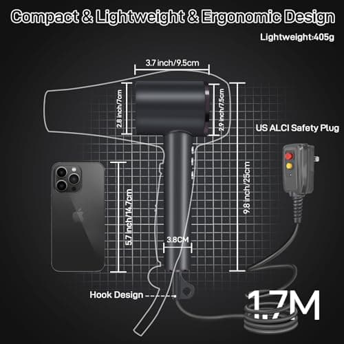 CIICII Negative Ionic Hair Dryer Professional, 120000RPM High Speed Blow Dryer (1600W Brushless/ 3-Speed/ 4-Temp & HD Display & Portable Bag) Fast Drying Hairdryer for Home, Travel & Salon (Black) 7