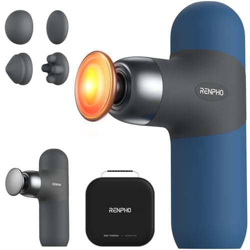 RENPHO Mini Thermal Massage Gun with Heat, Portable Deep Tissue Percussion Massager with 4 Heads for Neck & Back Comfort, Ultra-Quiet Operation for Home, Office & Travel, Includes Compact Carry Case