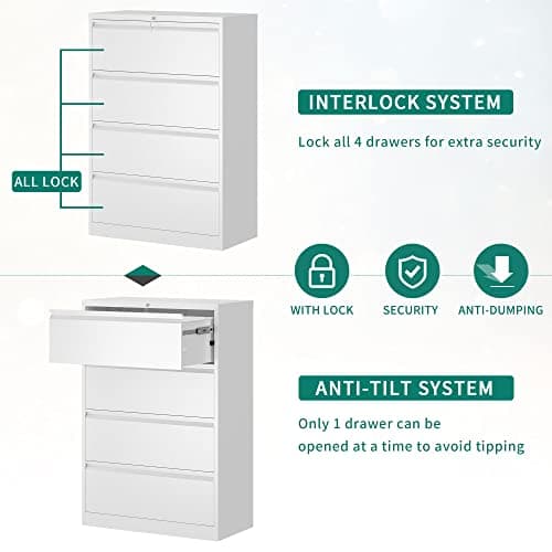 YITAHOME 4 Drawer Metal Lateral Filing Cabinet, Stainless Steel Wide Lateral File Cabinet with Lock for Legal/Letter A4 Size, Assembly Required, Office Organizer Storage Cabinet, White 6