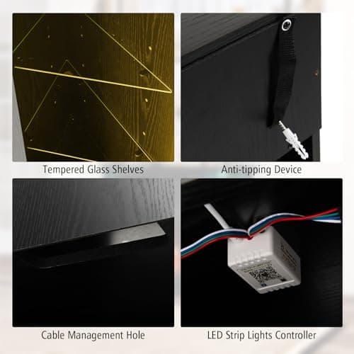 GOFLAME Corner Fireplace TV Stand with LED Lights for TVs up to 50”, Modern Entertainment Center with Electric Fireplace, Remote & Smart APP Control, TV Console with Adjustable Glass Shelves, Black 8