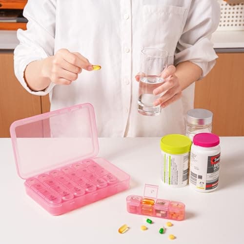 Zoksi Pill Organizer 4 Times a Day, BPA Free Weekly Travel Pill Box，Daily Pill Case with 28 Compartments to Hold Medicine, Vitamin and Supplement(Pink) 7