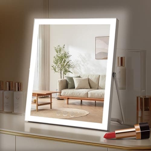 homtang Vanity Mirror with Lights,10"x12" Lighted Makeup Mirror with 3 Color Modes & Dimmable, 360° Rotation Desk Mirror, Dual Power Supply, Smart Touch Control with Settings Memory (White)