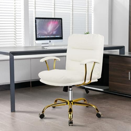 KLASIKA Leather Home Office Desk Chair, Mid-Back Vanity Chair Make Up Chair with Gold Wheels & Removable Armrests, Rolling Swivel Computer Task Chair for Office Bedroom Living Room Girls Women, White 10