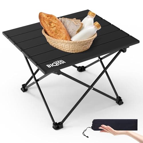 Biqissi Portable Small Camping Table, Compact Camping Side Table with Carrying Bag, Ultralight Aluminum Beach Table Folding for Hiking, Camping, Picnicking, BBQ, Outdoor Cooking (Black Small 16")