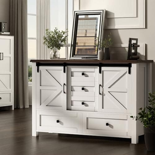 wanan 48" Farmhouse Dresser with 5 Drawers & 2 Sliding Barn Doors, Antique White Chest of Drawers for Bedroom, Living Room (White)