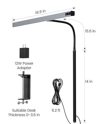 SUPERDANNY LED Desk Lamp for Office Home, Eye-Caring Desk Light with Adjustable Gooseneck, 12W Touch Control Dimmable Brightness, Architect Clamp Lamp with USB Adapter, Grey 6